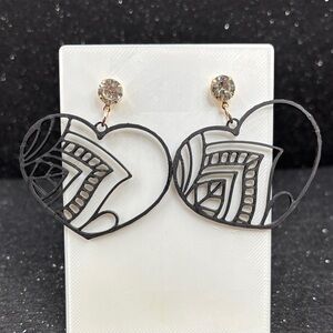 Black Filigree Heart Earrings with Crystal Studs